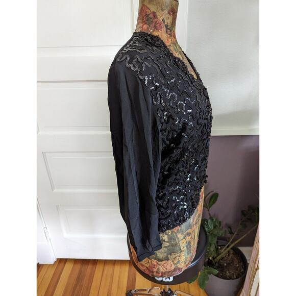 Vintage 1940s Silk Crepe Black Sequin Tie Back Button Blouse Sz M - Picture 5 of 9